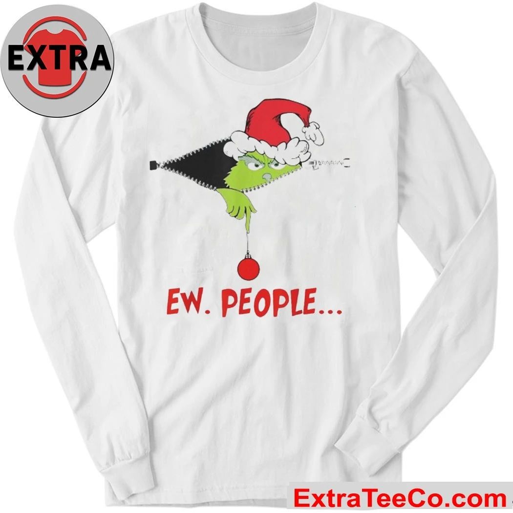 Ew People Christmas Shirt Grinch, wearing a Santa hat, peeks out from the zipper Xmas 2025 Tee