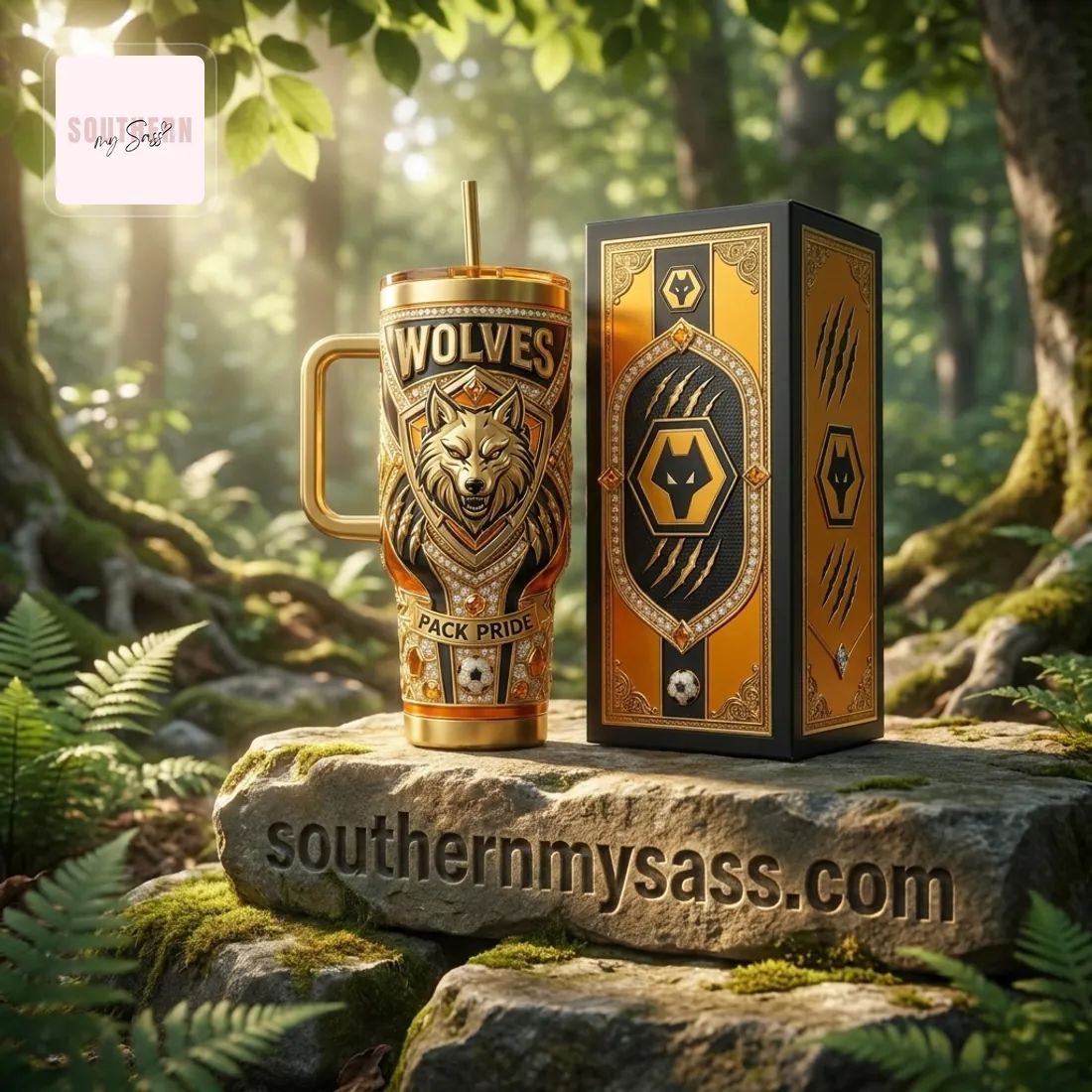 Wolverhampton Wanderers Wolves Luxury Gold 40oz Diamond Insulated Tumbler with Handle