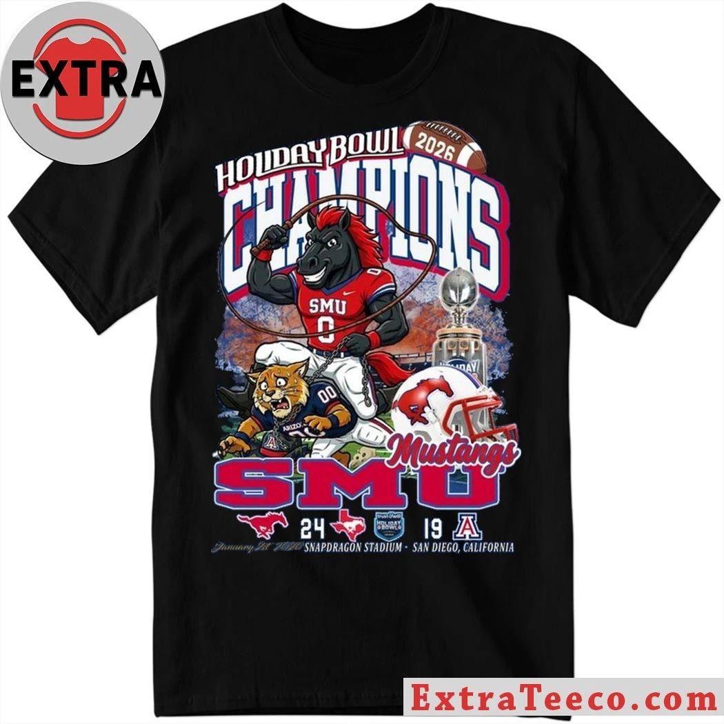 Original T-shirt commemorating the SMU Mustangs’ 2026 Holiday Bowl championship victory (24-19) at Snapdragon Stadium, San Diego, California