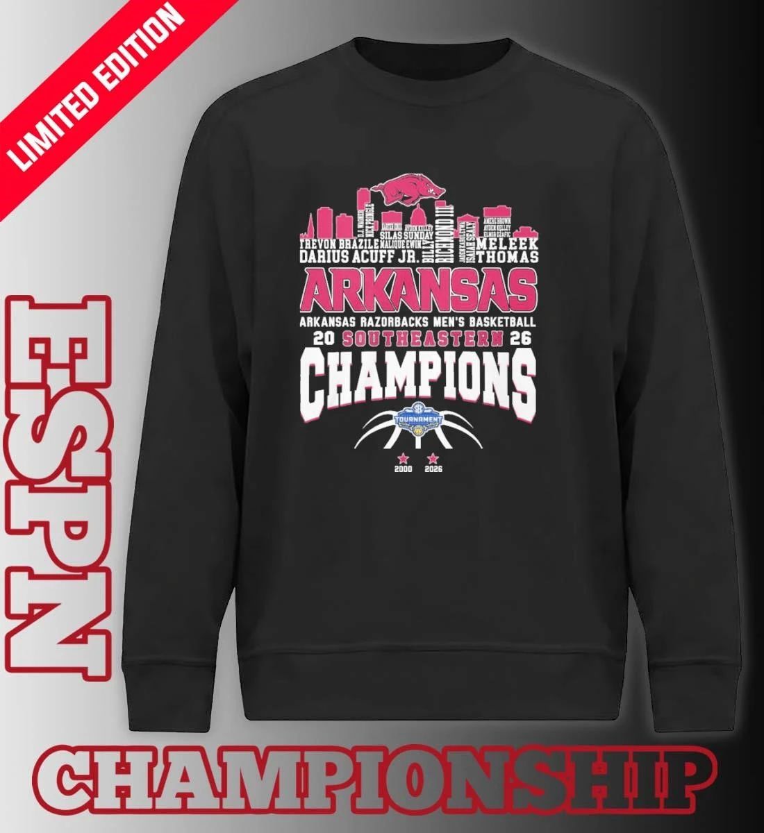 Arkansas Men’s Basketball 2026 SEC Conference Champions Skyline Player Name Shirt