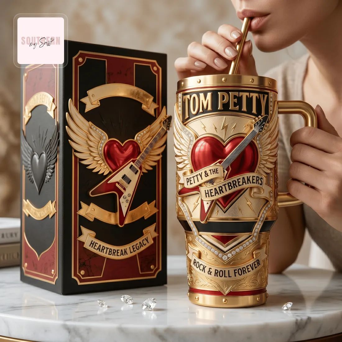 Tom Petty & The Heartbreakers Heartbreak Legacy Premium Gold 40oz Insulated Tumbler With Handle