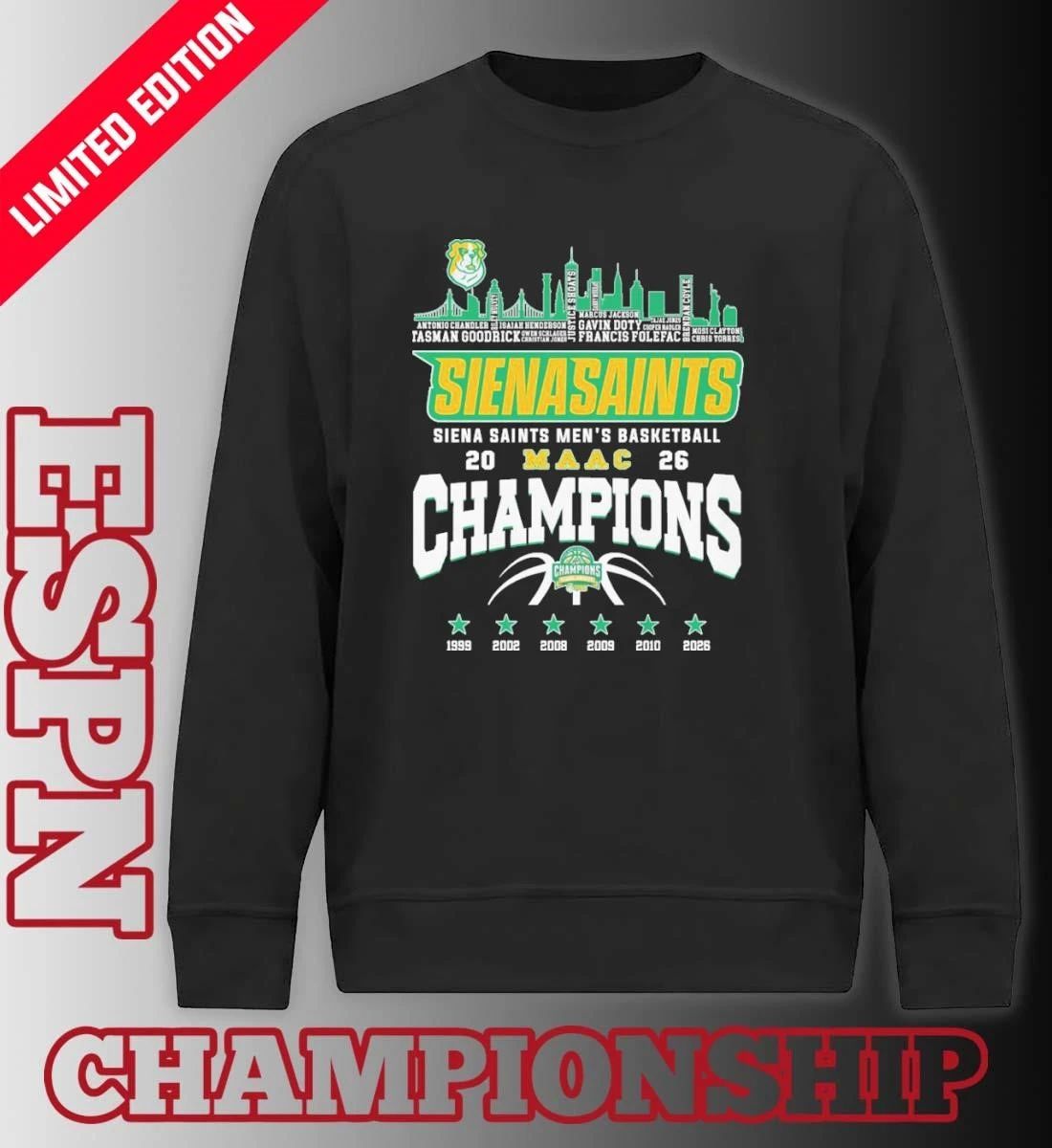 Siena Saints Men’s Basketball 2026 MAAC Conference Champions Skyline Player Name Shirt
