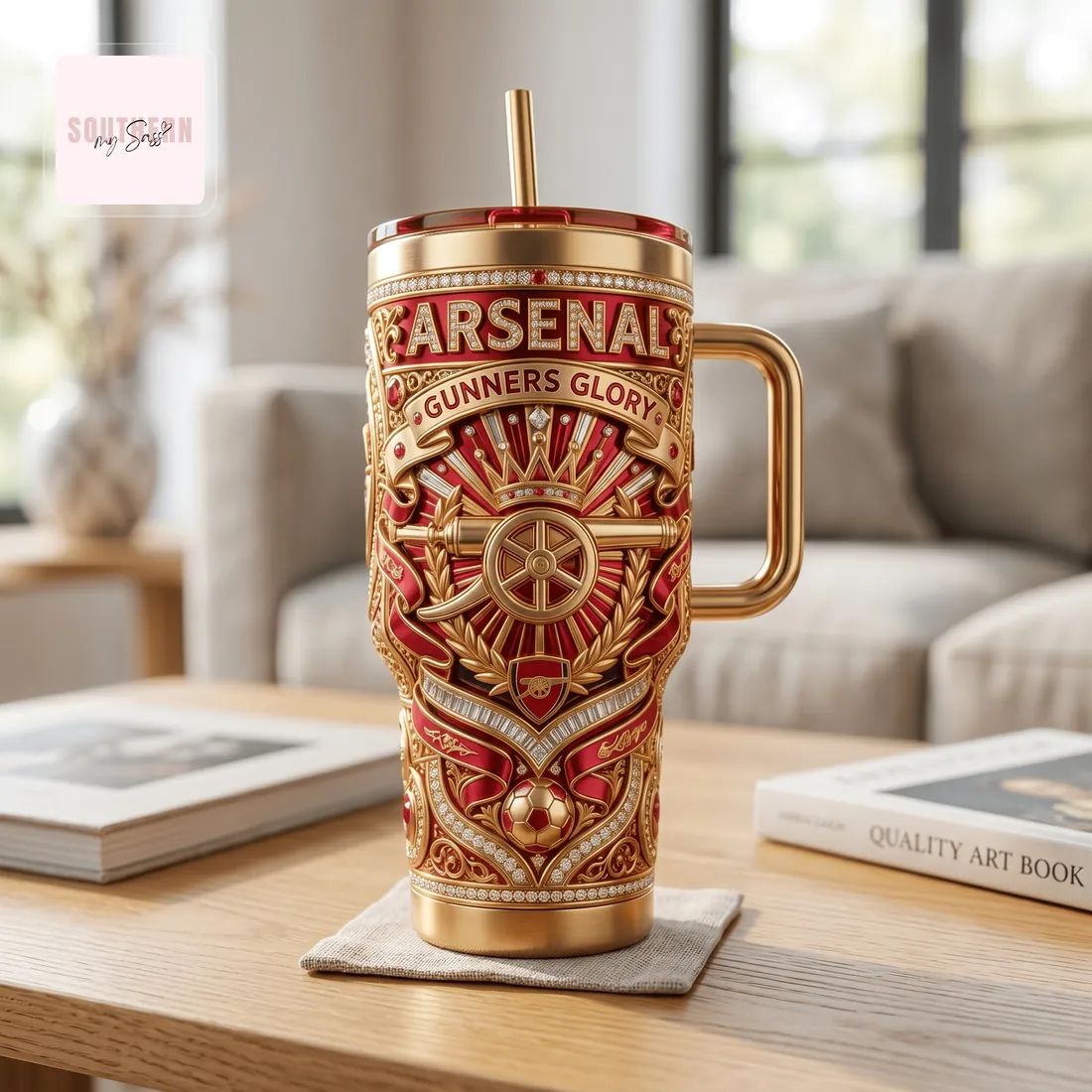 Arsenal Luxury Diamond Embellished Gold 40oz Tumbler with Handle