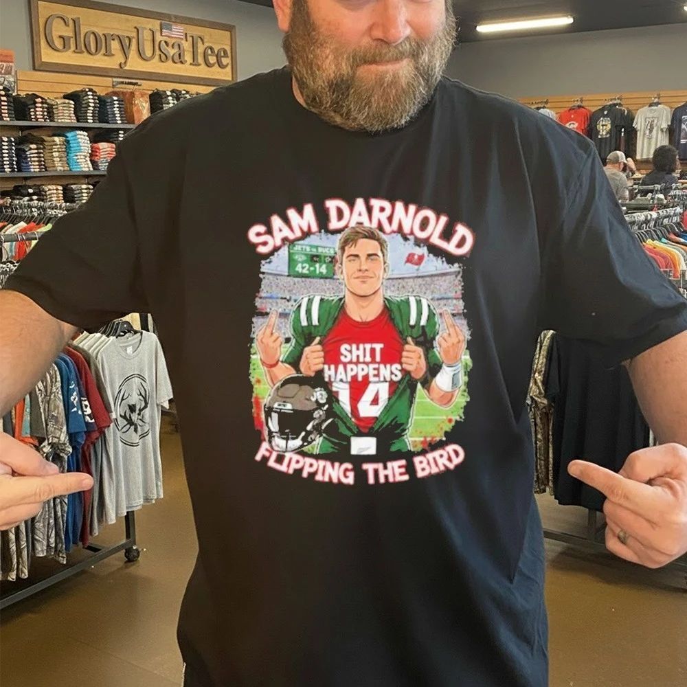 Sam Darnold Shit Happens Flipping The Bird Stadium Graphic Shirt