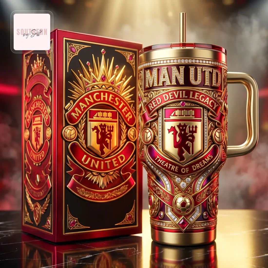 Manchester United Red Devils Luxury Gold Diamond 40oz Insulated Tumbler With Handle