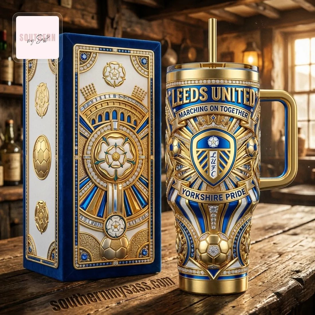 Leeds United Luxury Gold Diamond-Style 40oz Insulated Tumbler With Handle