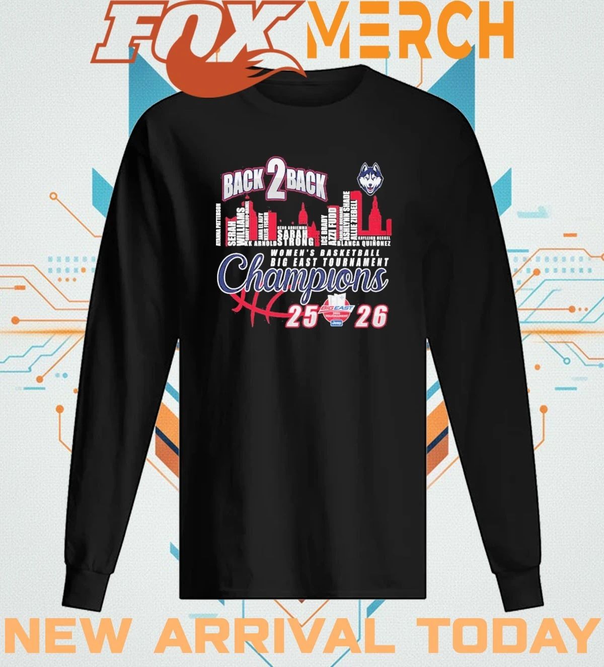 Uconn Huskies back 2 back 25 26 Women’s Basketball Big East Tournament Champions skyline t-shirt