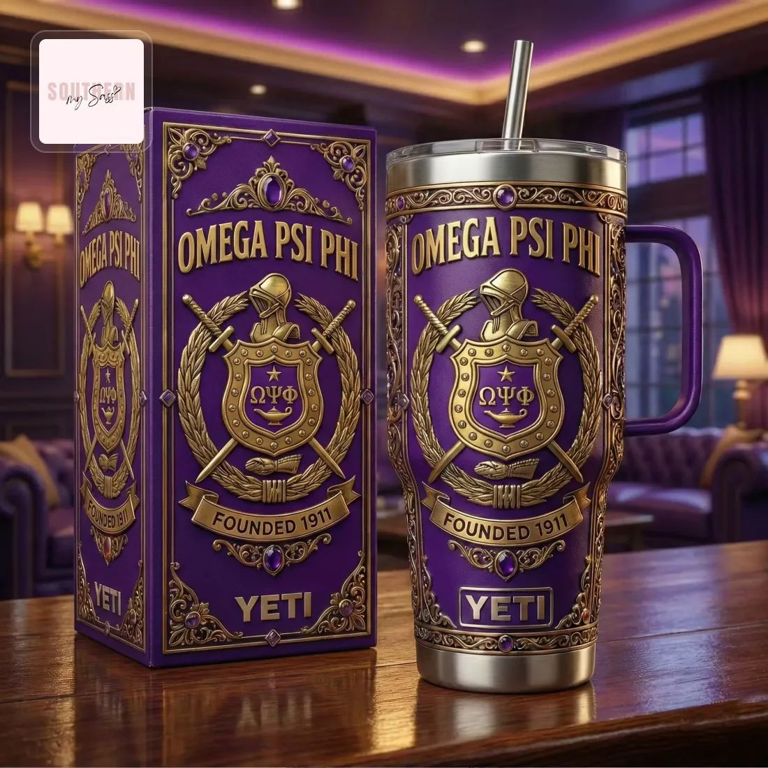 Omega Psi Phi Founded 1911 Premium Purple & Gold Handled Tumbler