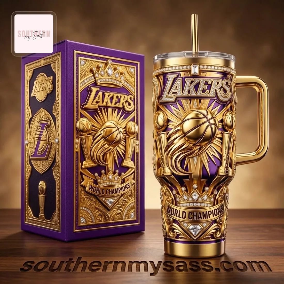 Lakers World Champions Gold 3D Embossed 40oz Tumbler With Handle