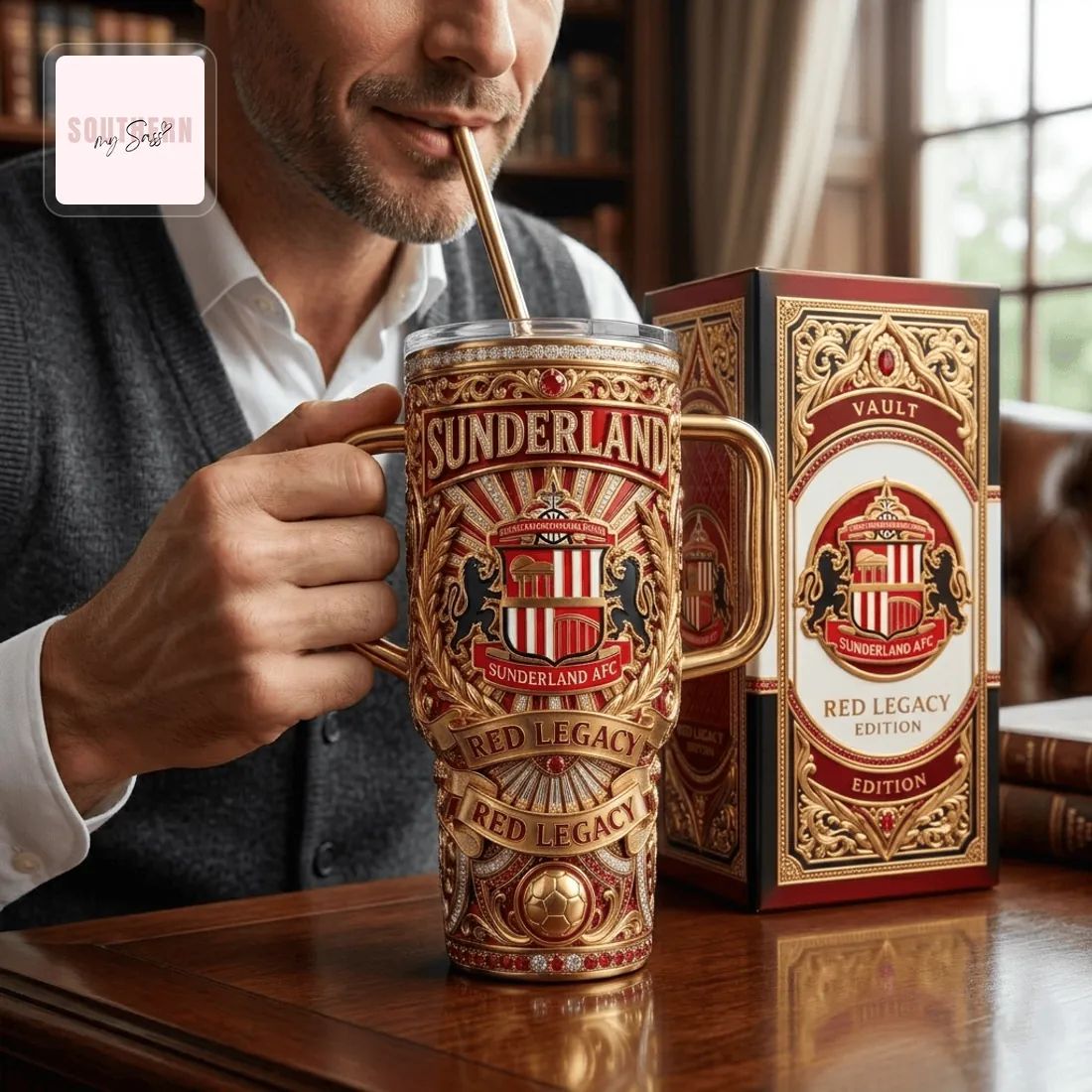 Sunderland AFC Red Legacy Edition Luxury Gold 40oz Insulated Tumbler with Handle