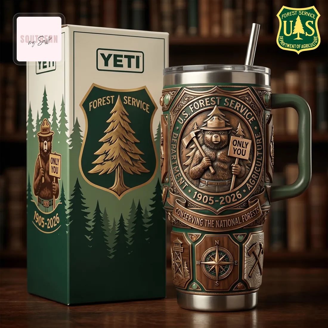 Smokey Bear U.S. Forest Service Commemorative 40oz Embossed Tumbler with Handle