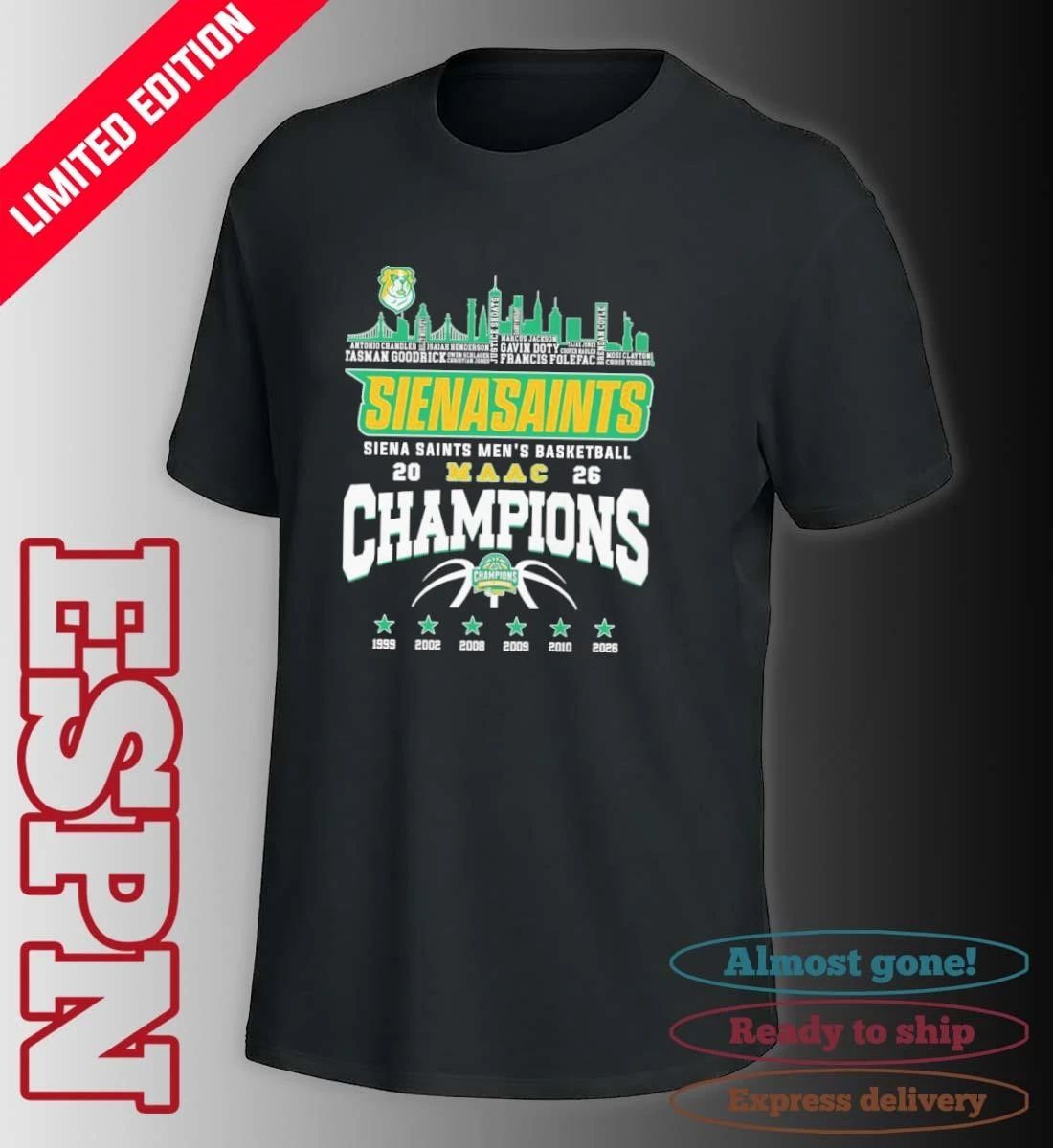 Siena Saints Men’s Basketball 2026 MAAC Conference Champions Skyline Player Name Shirt
