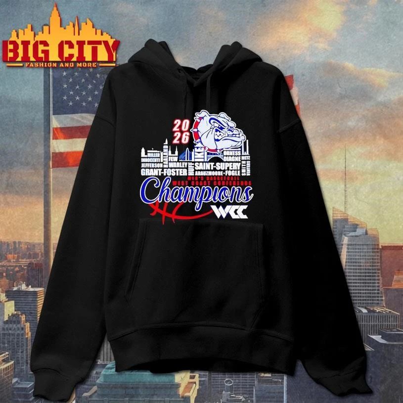 Gonzaga Bulldogs 2026 WCC Men’s Basketball Champions player names city skyline Shirt