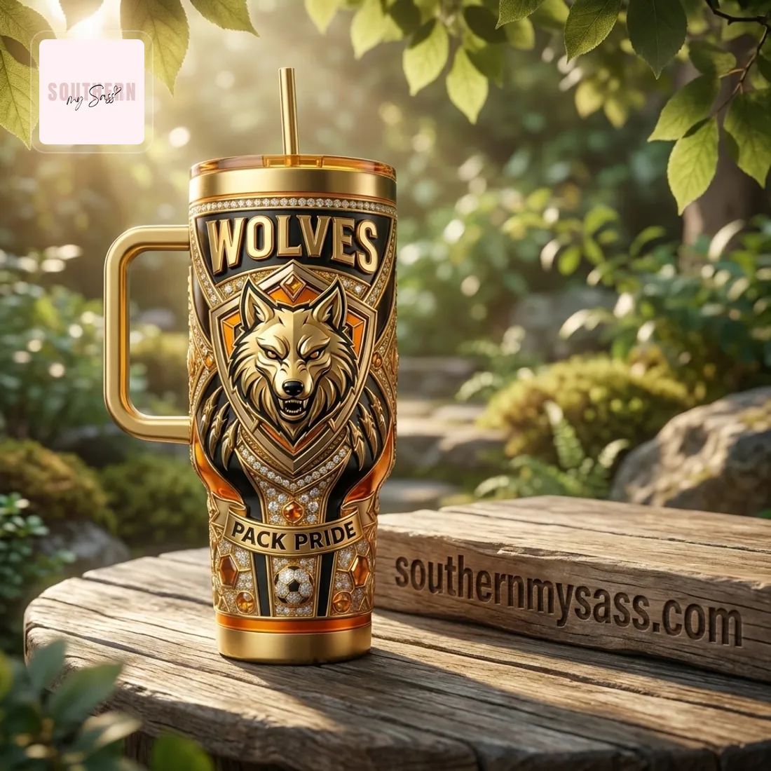 Wolverhampton Wanderers Wolves Luxury Gold 40oz Diamond Insulated Tumbler with Handle