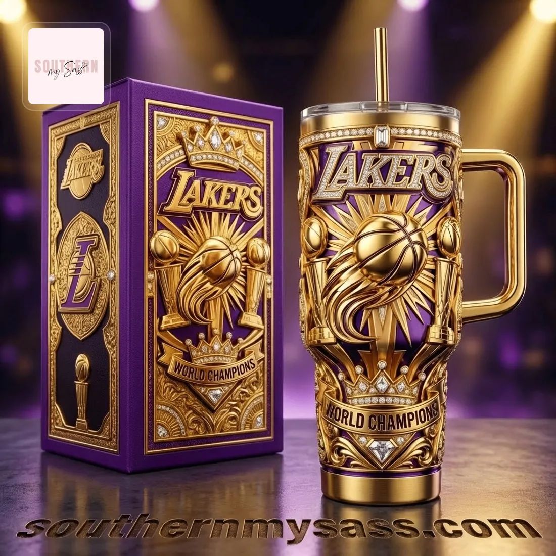 Lakers World Champions Gold 3D Embossed 40oz Tumbler With Handle