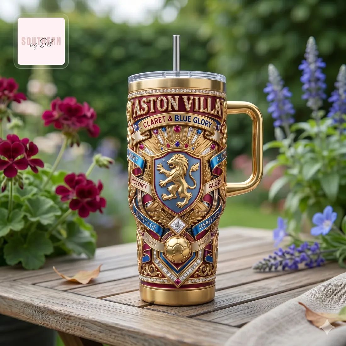 Aston Villa FC Luxury Gold Embellished 40oz Tumbler With Handle
