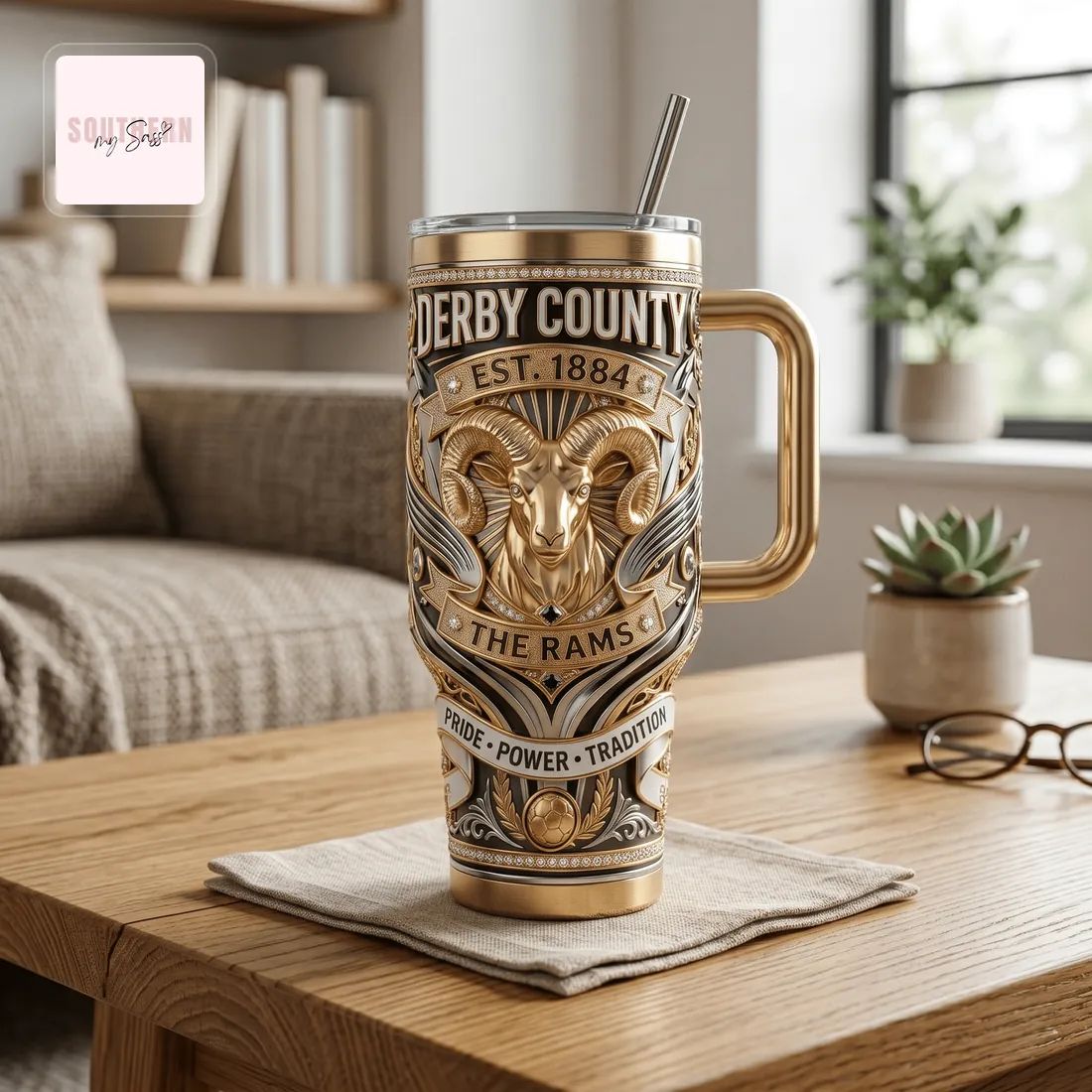 Derby County The Rams 40oz Luxury Insulated Stainless Steel Tumbler With Handle
