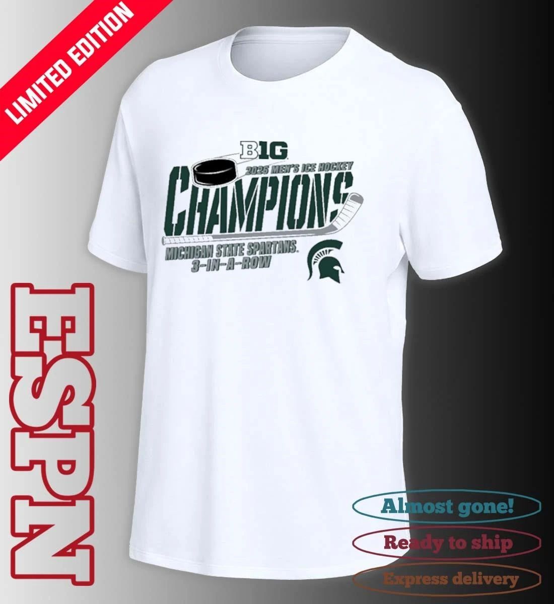 Michigan State Spartans 2026 Big Ten Hockey Champions 3 In A Row Shirt