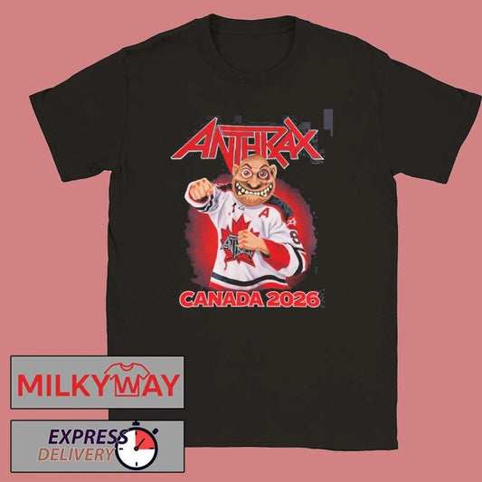 Anthrax Canada 2026 Tour Merch Tee No Man Mascot Canada Hockey Player Art Elbows Up T-Shirt