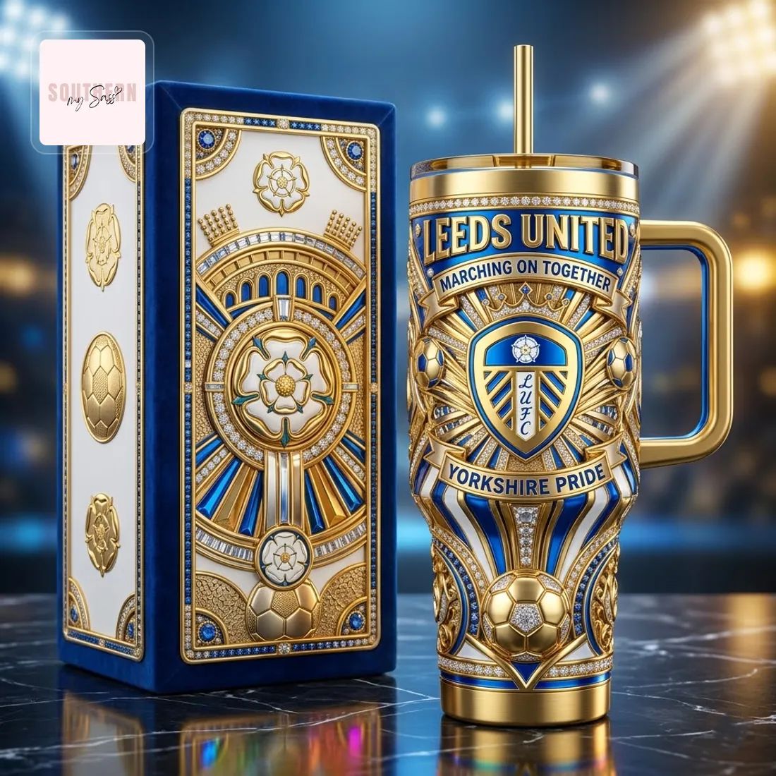 Leeds United Luxury Gold Diamond-Style 40oz Insulated Tumbler With Handle
