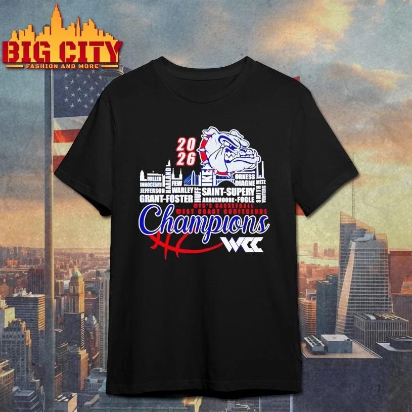 Gonzaga Bulldogs 2026 WCC Men’s Basketball Champions player names city skyline Shirt
