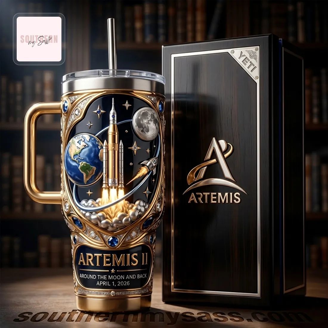 Artemis II Luxury Gold Commemorative 40oz YETI Tumbler With Handle