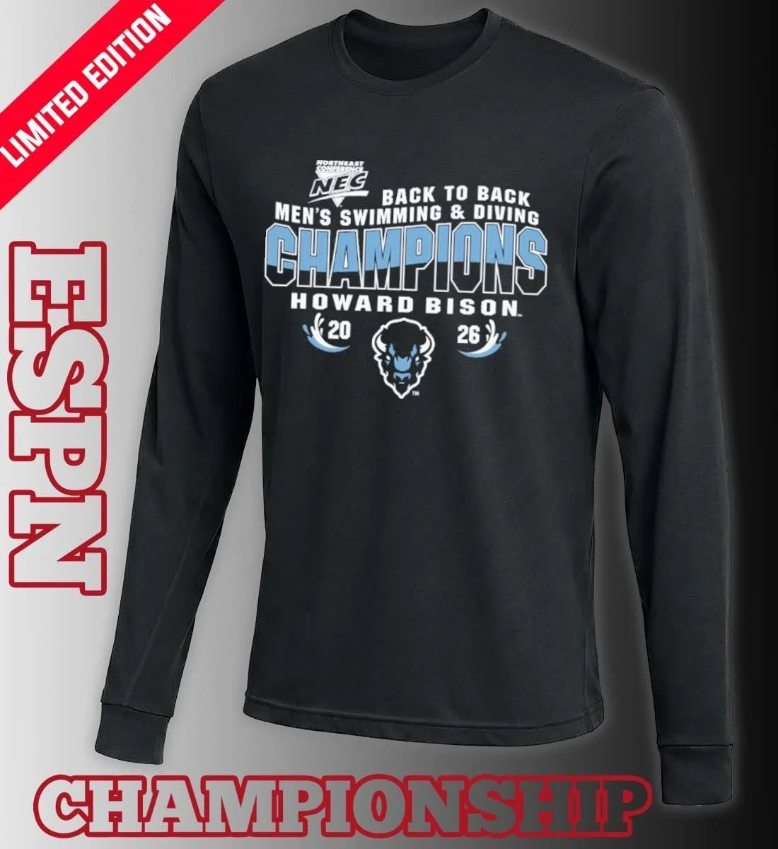 Howard University Men’s Swimming and Diving 2026 Back to Back NEC Champions Shirt
