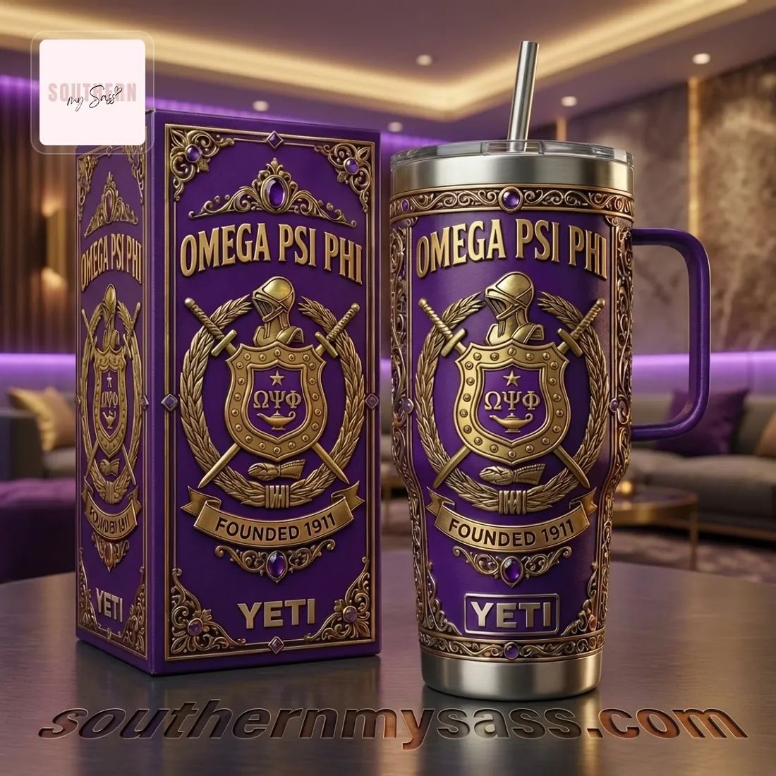 Omega Psi Phi Founded 1911 Premium Purple & Gold Handled Tumbler