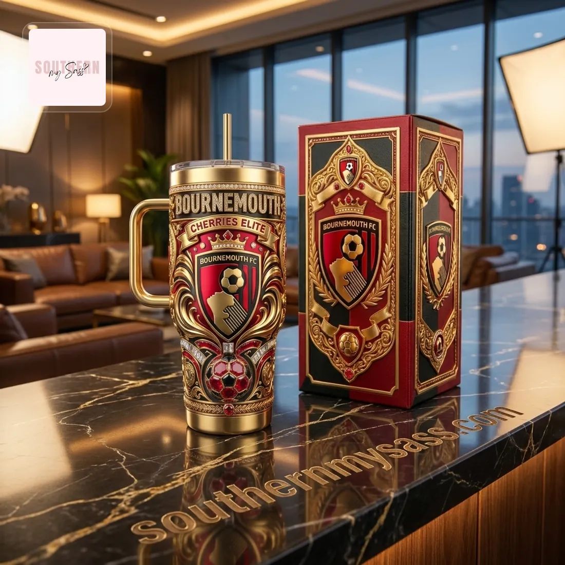 Bournemouth FC Cherries Elite Luxury Gold 40oz Insulated Tumbler With Handle