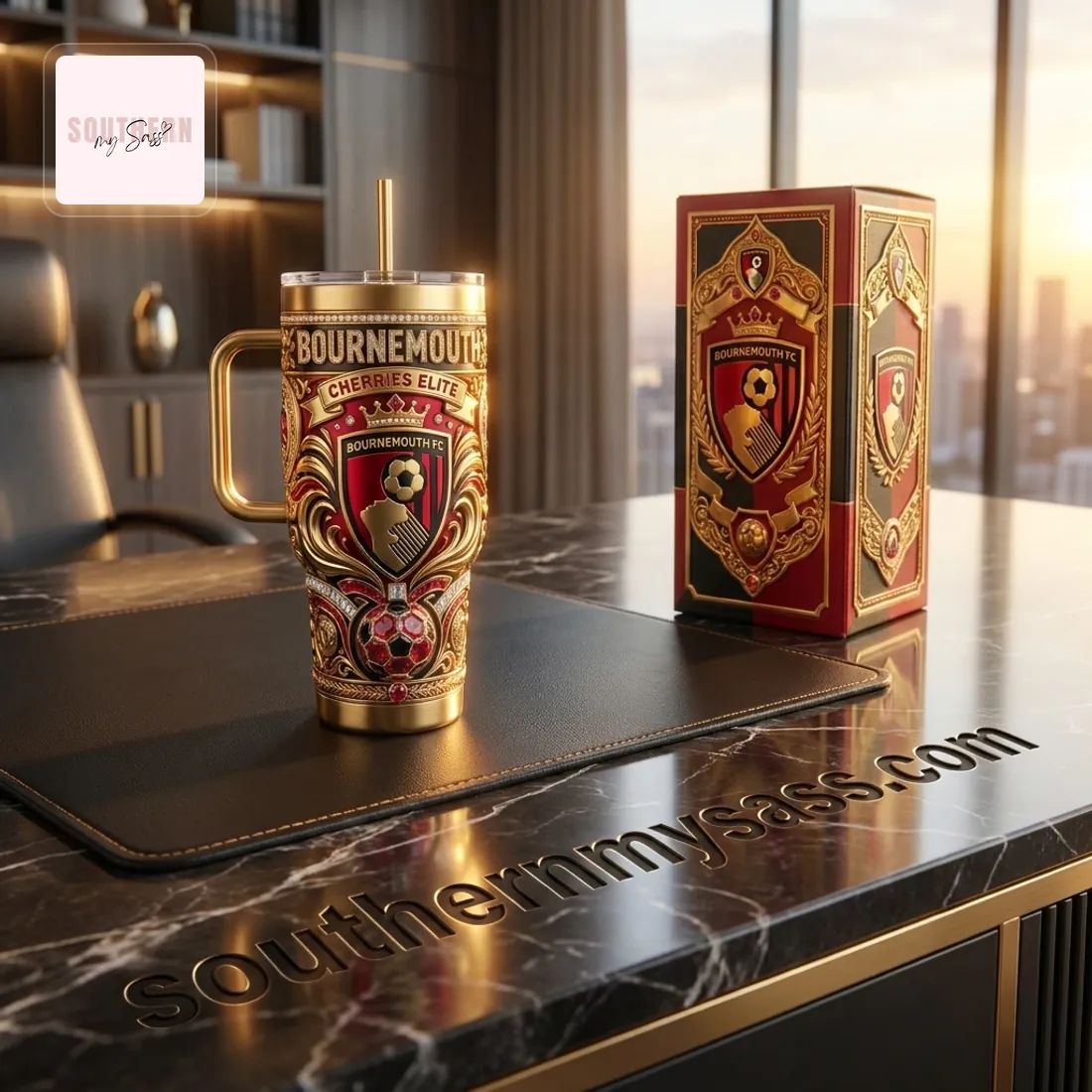 Bournemouth FC Cherries Elite Luxury Gold 40oz Insulated Tumbler With Handle