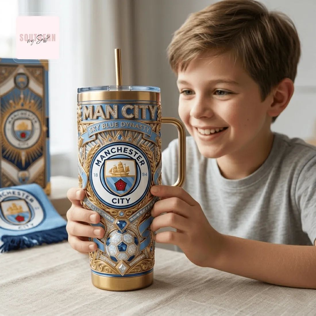 Manchester City Luxury Gold Accented 40oz Insulated Tumbler With Handle