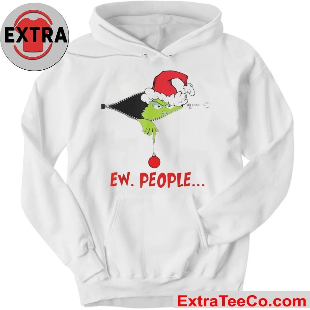 Ew People Christmas Shirt Grinch, wearing a Santa hat, peeks out from the zipper Xmas 2025 Tee