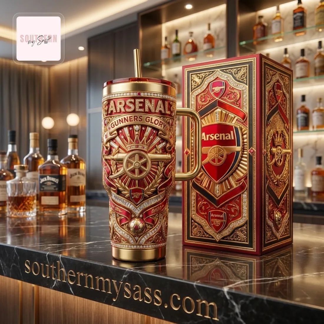 Arsenal Luxury Diamond Embellished Gold 40oz Tumbler with Handle
