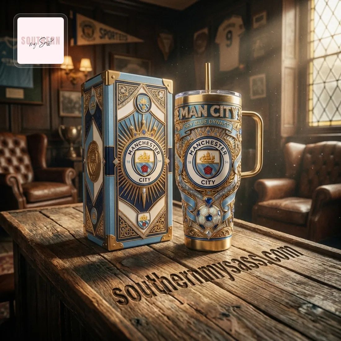 Manchester City Luxury Gold Accented 40oz Insulated Tumbler With Handle