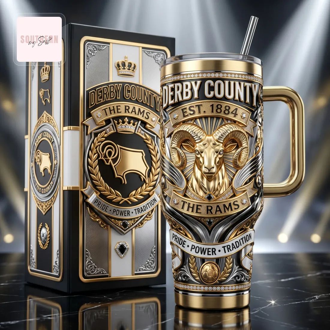 Derby County The Rams 40oz Luxury Insulated Stainless Steel Tumbler With Handle