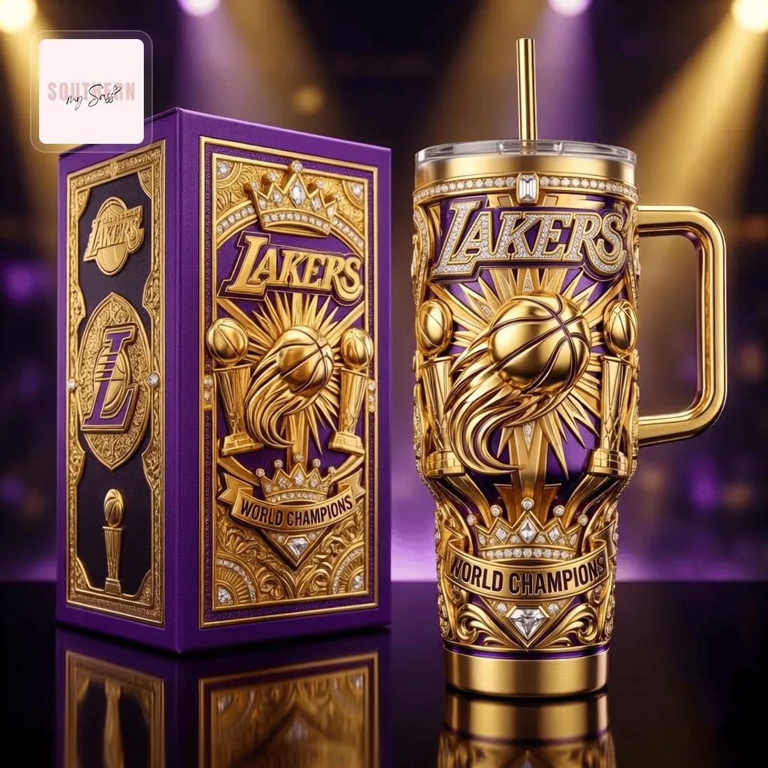 Lakers World Champions Gold 3D Embossed 40oz Tumbler With Handle