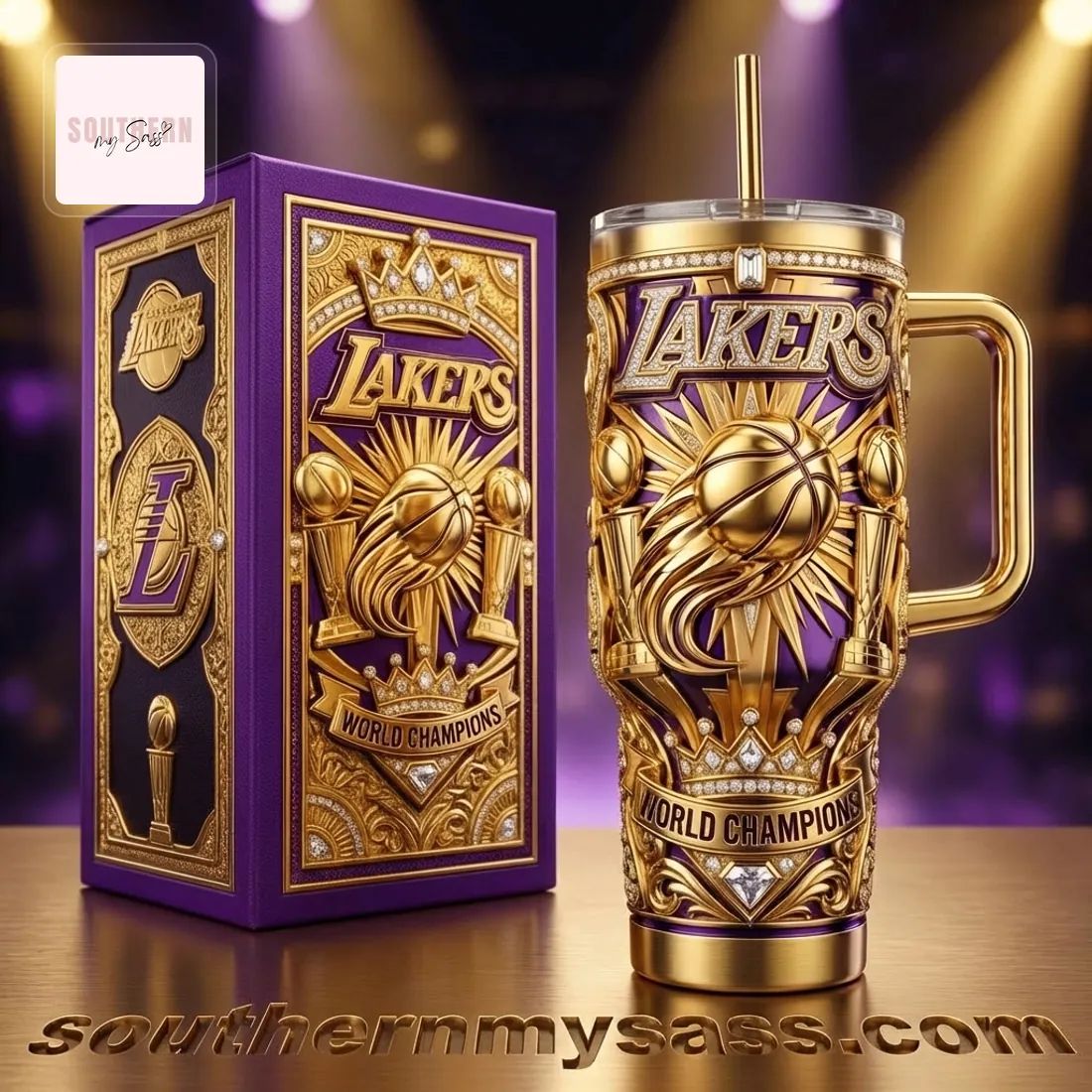Lakers World Champions Gold 3D Embossed 40oz Tumbler With Handle
