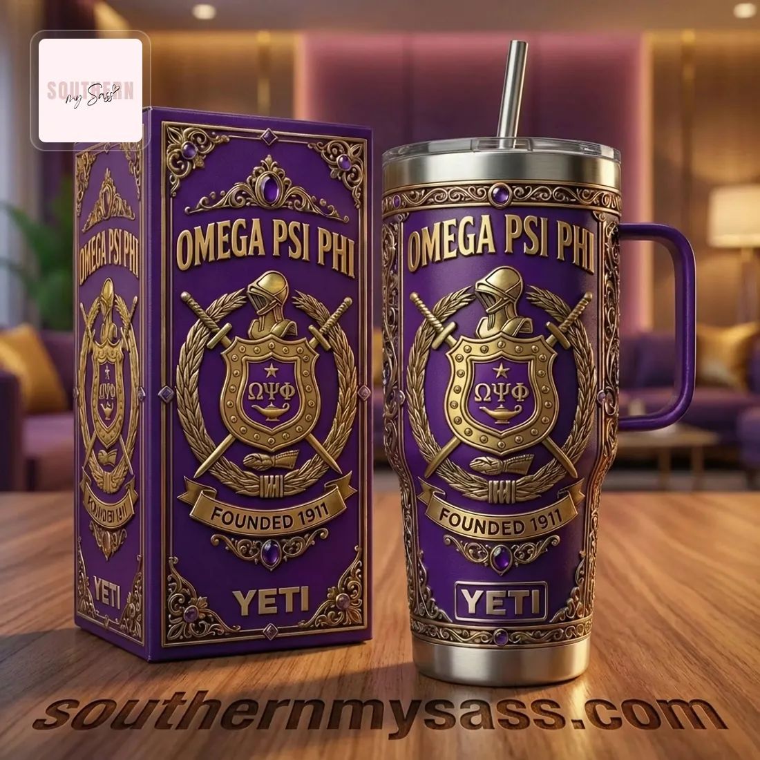 Omega Psi Phi Founded 1911 Premium Purple & Gold Handled Tumbler