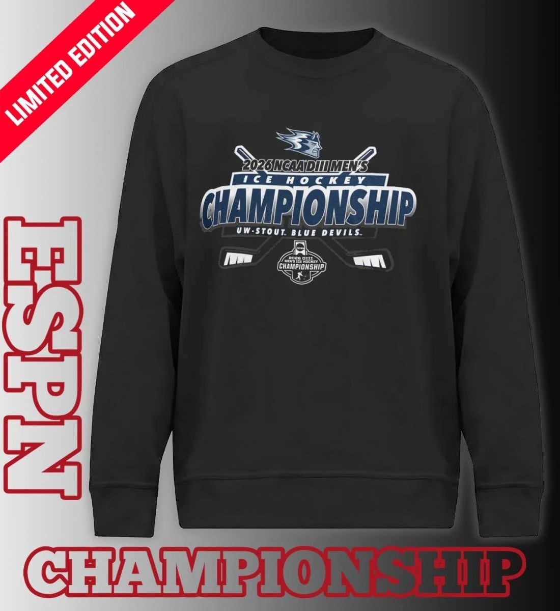UW-Stout Blue Devils 2026 NCAA DIII Men’s Ice Hockey Championship Shirt
