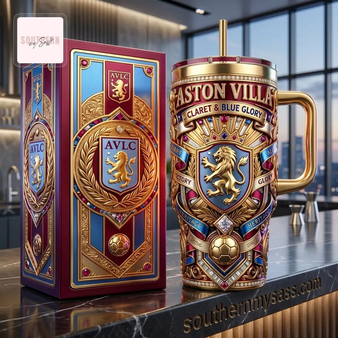Aston Villa FC Luxury Gold Embellished 40oz Tumbler With Handle