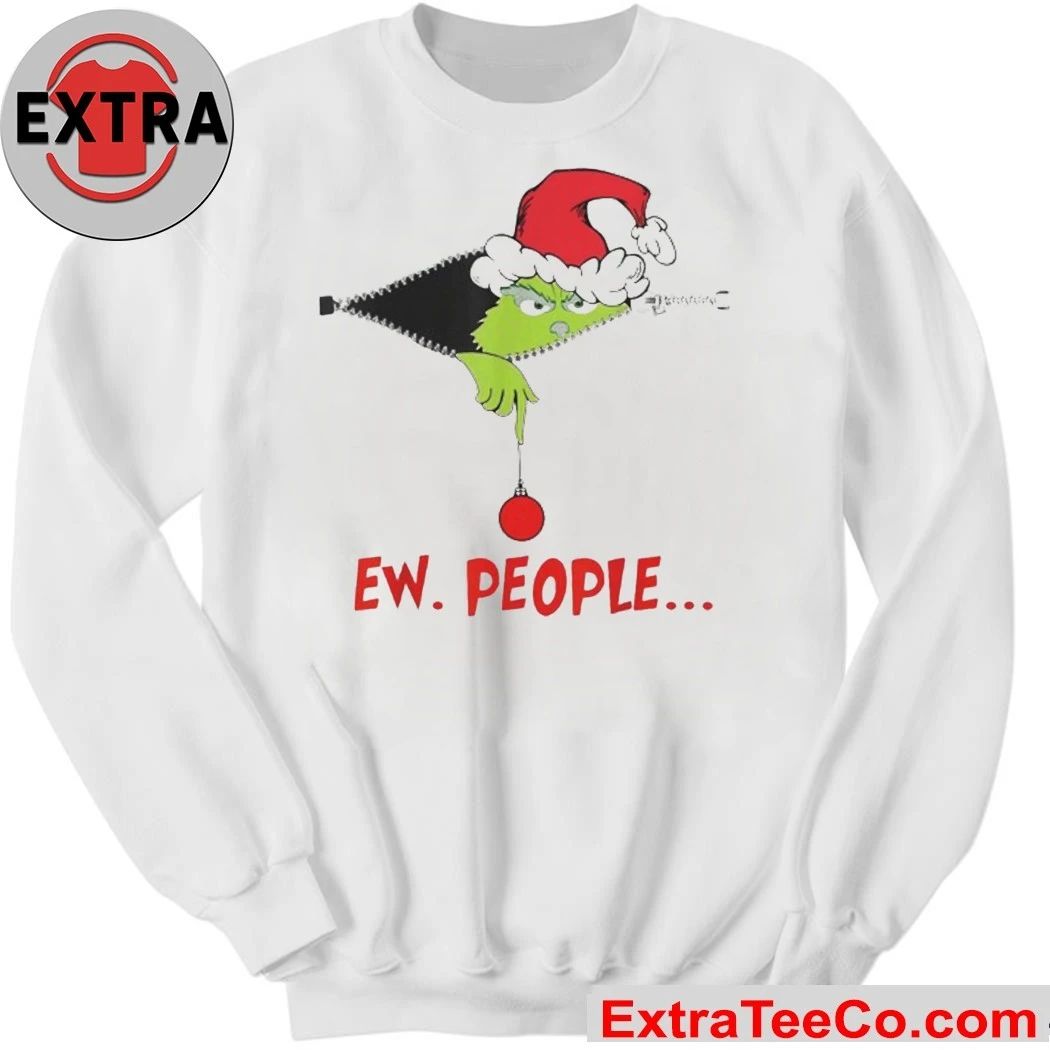 Ew People Christmas Shirt Grinch, wearing a Santa hat, peeks out from the zipper Xmas 2025 Tee