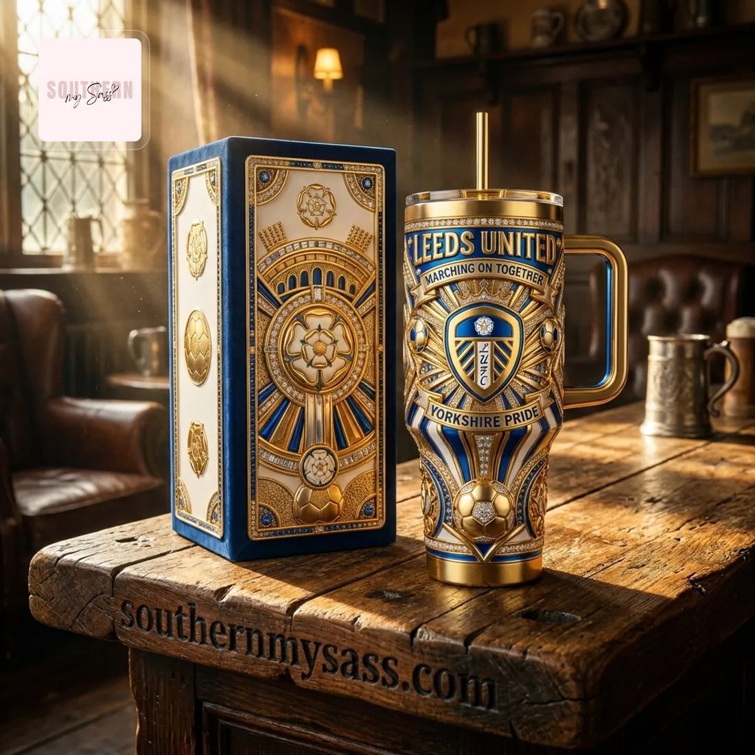 Leeds United Luxury Gold Diamond-Style 40oz Insulated Tumbler With Handle