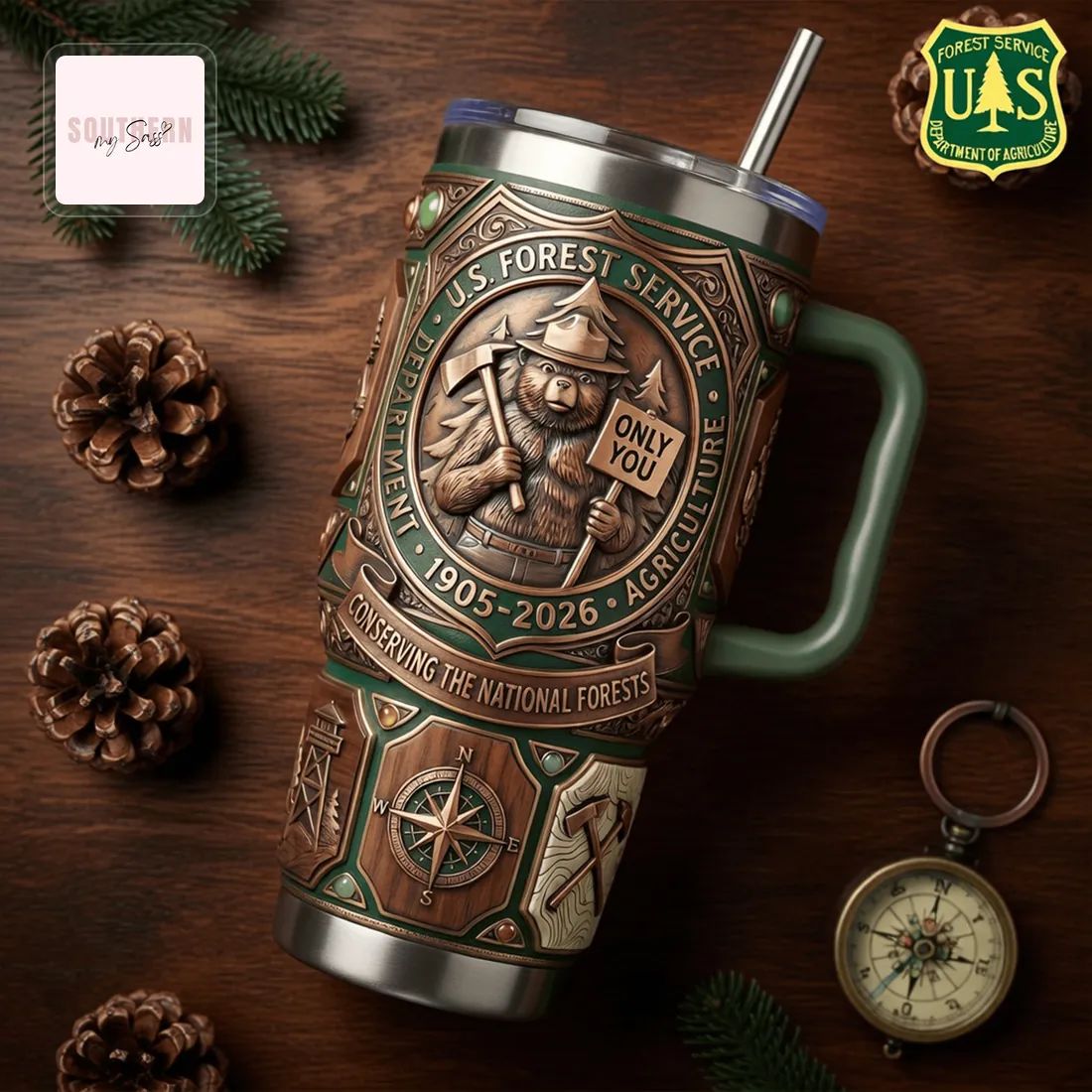 Smokey Bear U.S. Forest Service Commemorative 40oz Embossed Tumbler with Handle