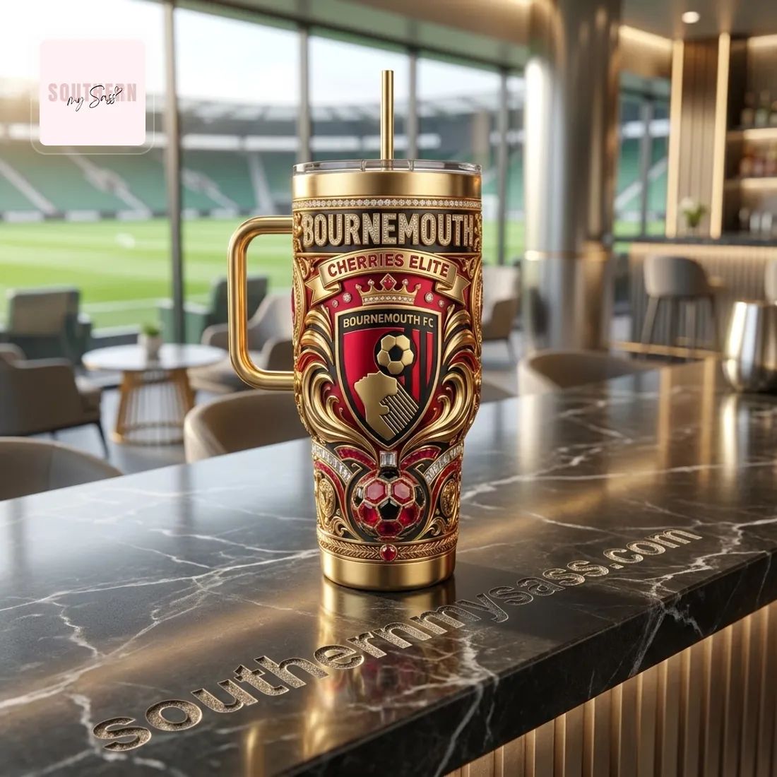 Bournemouth FC Cherries Elite Luxury Gold 40oz Insulated Tumbler With Handle