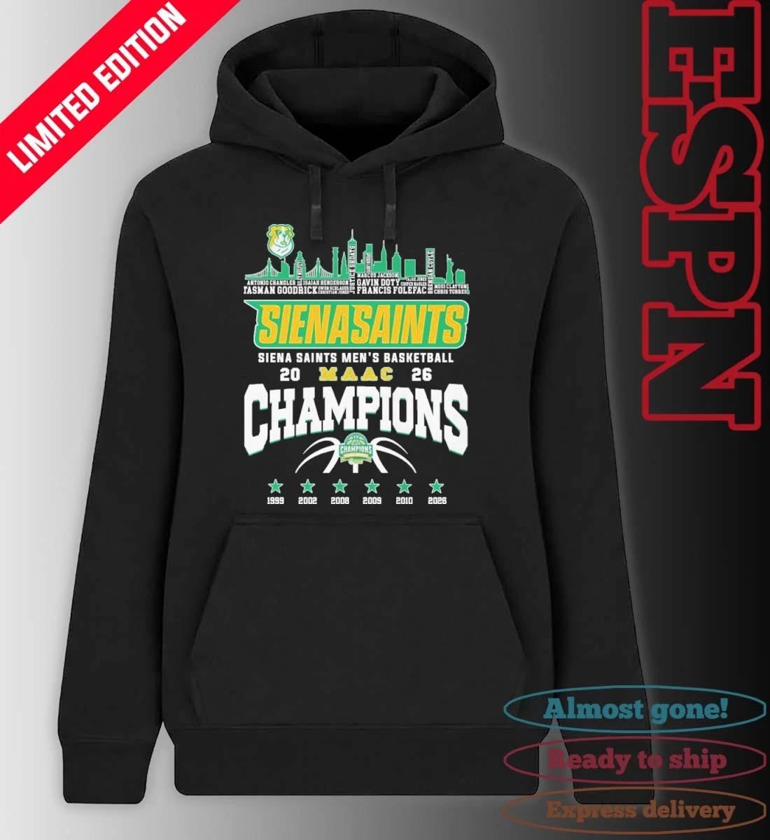 Siena Saints Men’s Basketball 2026 MAAC Conference Champions Skyline Player Name Shirt