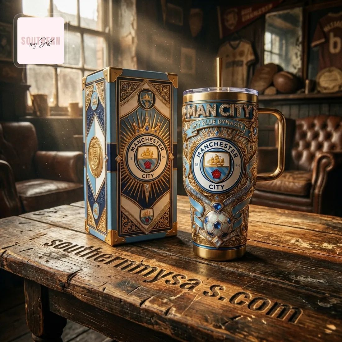 Manchester City Luxury Gold Accented 40oz Insulated Tumbler With Handle