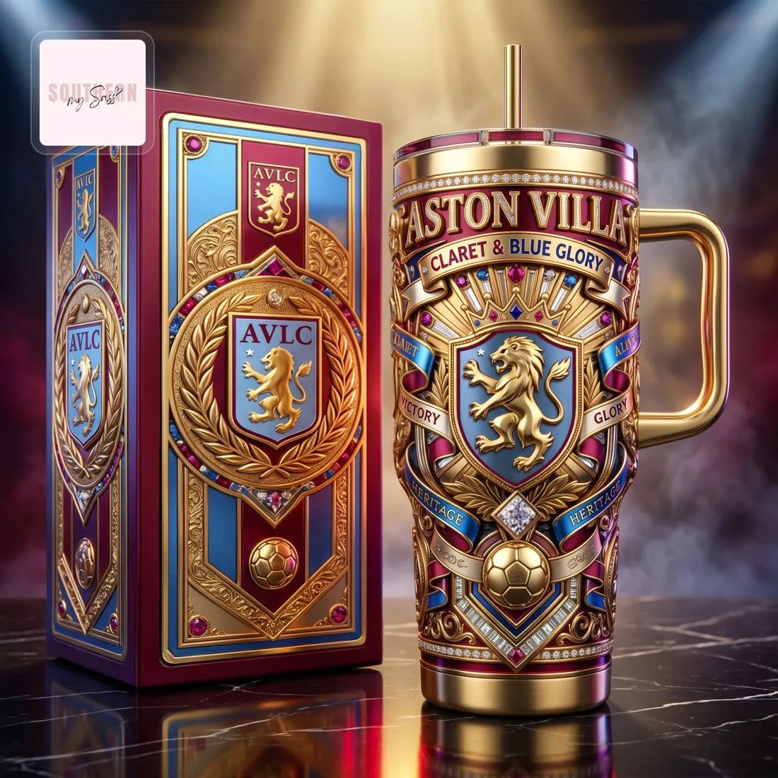 Aston Villa FC Luxury Gold Embellished 40oz Tumbler With Handle