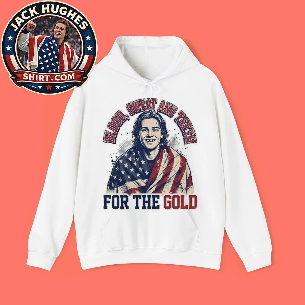 Jack Hughes Bloody Blood Sweat and Teeth for the Gold USA Hockey Olympic Golden Goal Shirt