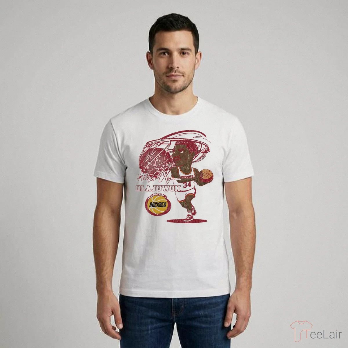 Houston Rockets Hardwood Classics Hakeem Olajuwon Caricature T-Shirt
