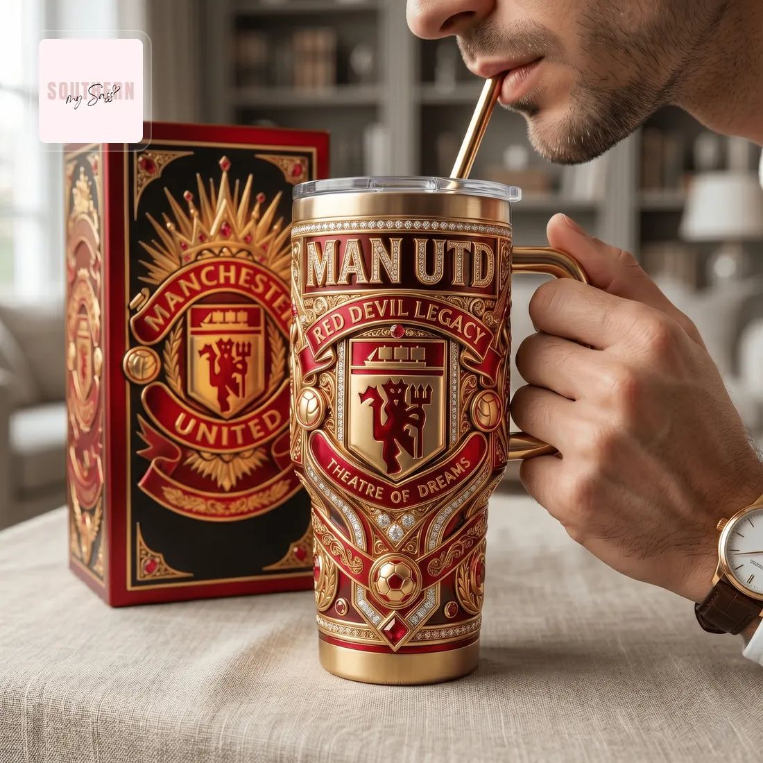 Manchester United Red Devils Luxury Gold Diamond 40oz Insulated Tumbler With Handle